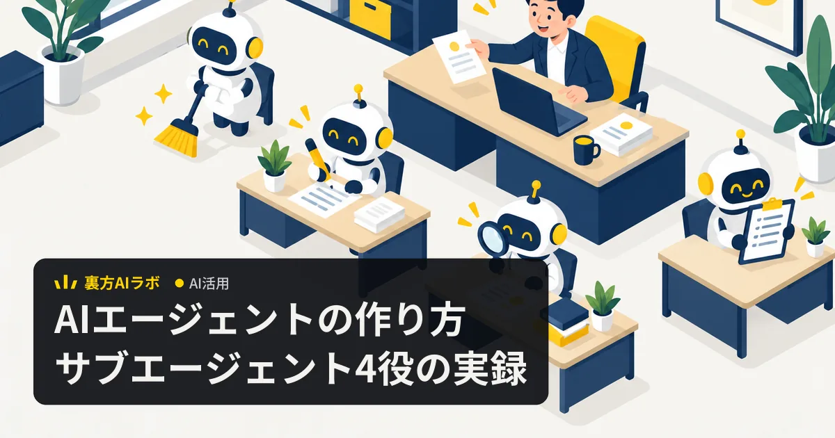 オフィスで社長が書類を渡し、掃除・執筆・虫眼鏡での調査・チェックリスト確認を4体のロボットが分担して進めるイラスト