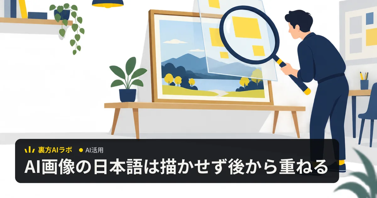 風景の絵を大きな虫眼鏡で確かめるデザイナーと、絵の上に重ねる透明なシートのイラスト