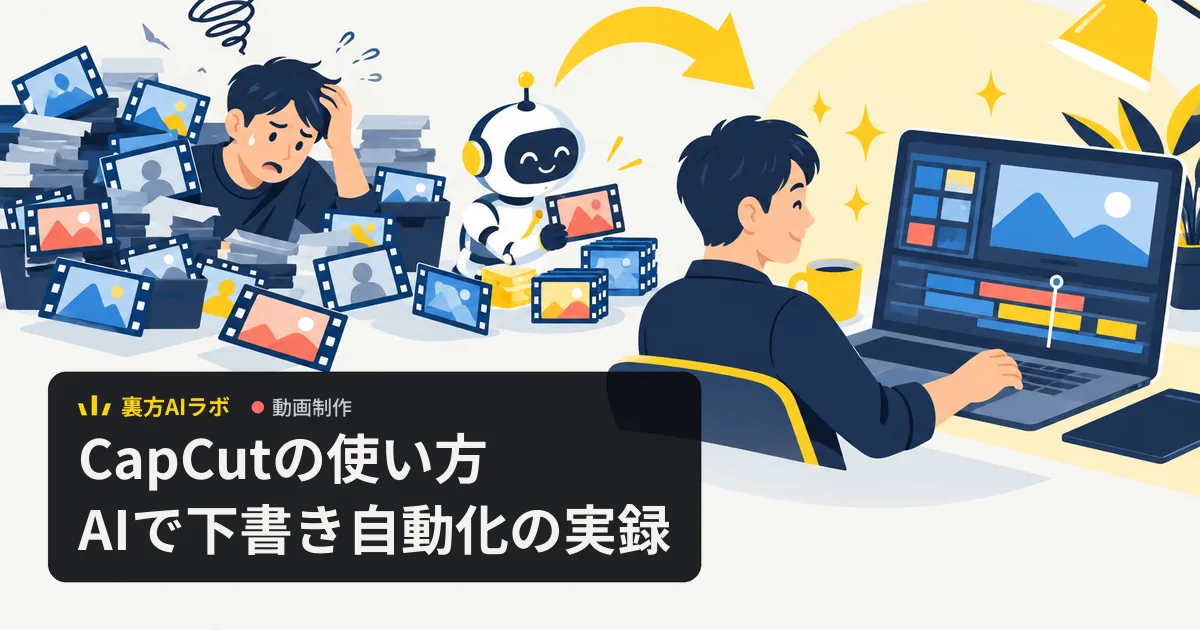 散らかった動画素材に頭を抱える人と、ロボットが整理した編集画面で仕上げをする人の対比イラスト
