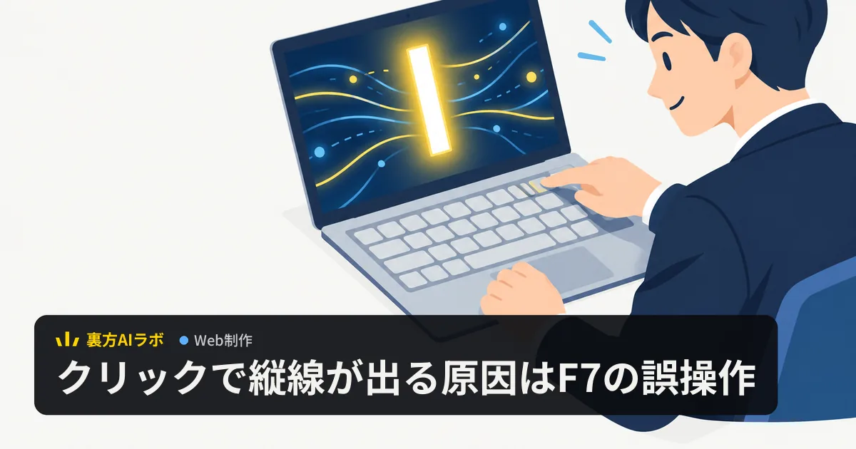 ノートPCの画面に浮かぶ大きな縦の棒を見ながら、会社員がキーボードの上の段のキーを1つ押そうとしているイラスト