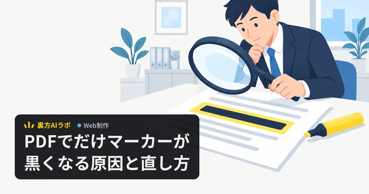 大きな虫眼鏡で紙の資料を調べる会社員と、マーカーの線が黒い帯に変わった紙面、横に置かれた黄色いマーカーペン
