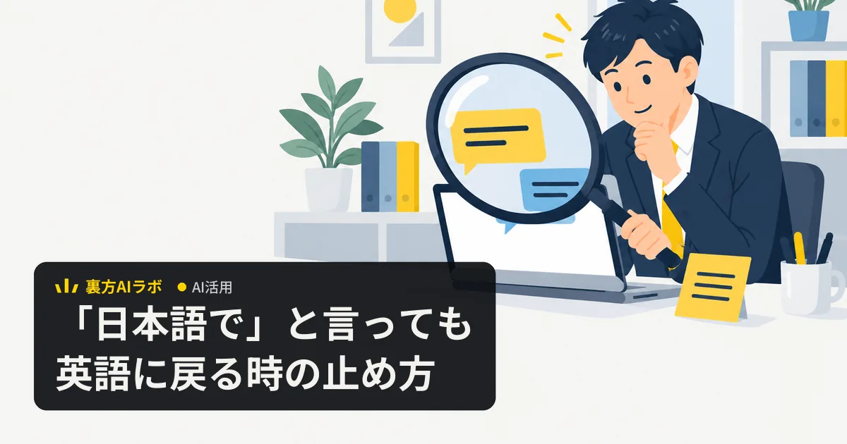 大きな虫眼鏡を持った会社員が、ノートPCから伸びる吹き出しの向きを確かめている様子