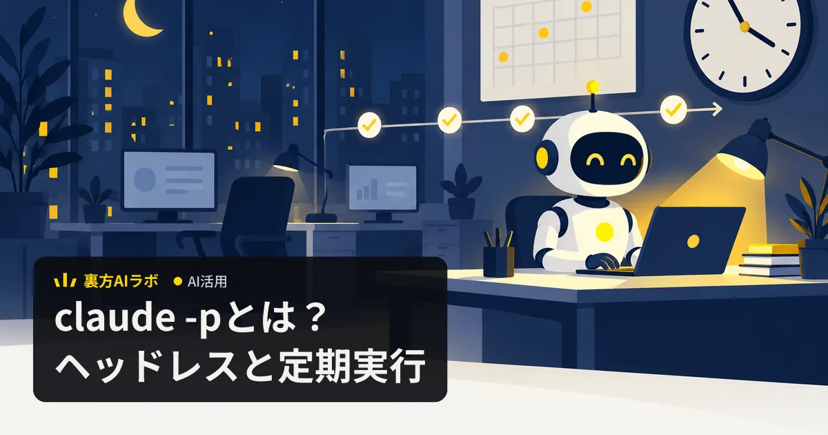 夜の無人オフィスで、カレンダーと時計の下でAIロボットが1人でノートパソコンの作業を進めるイラスト