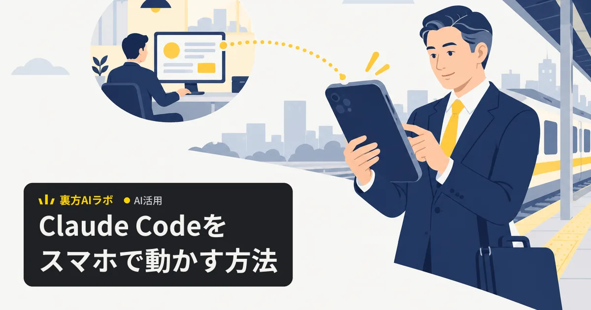 駅のホームでスマホを操作する経営者と、点線でつながったオフィスのパソコンを描いたイラスト