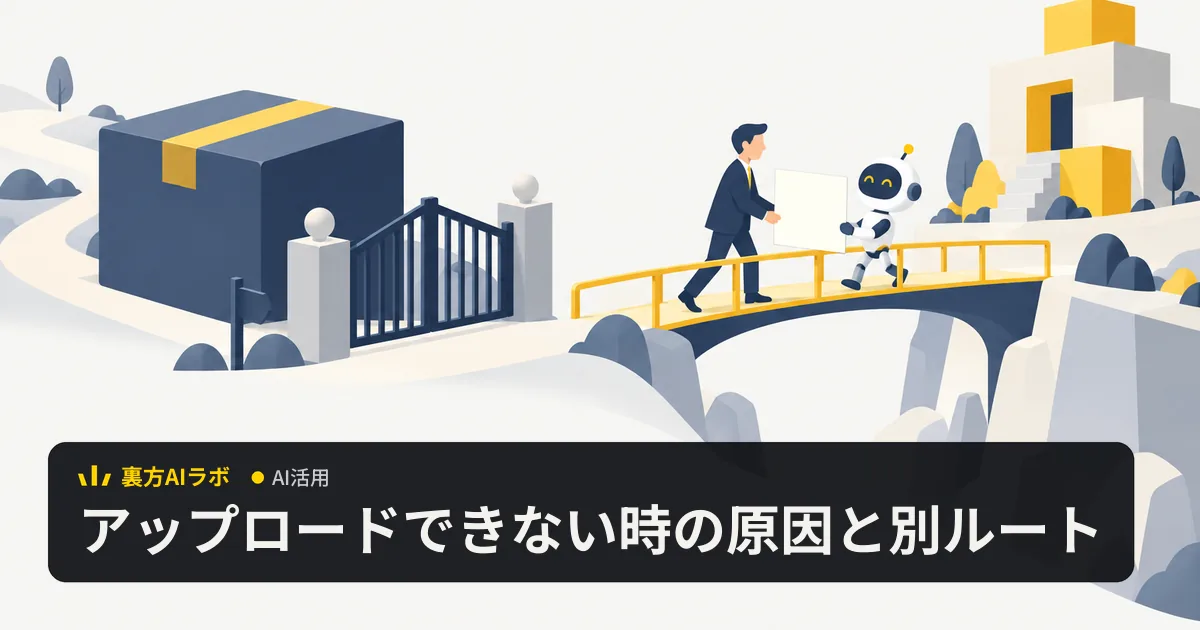 大きな荷物が閉じた門の前で止まり、会社員とロボットが脇の橋を渡って紙を1枚だけ建物へ届けているイラスト