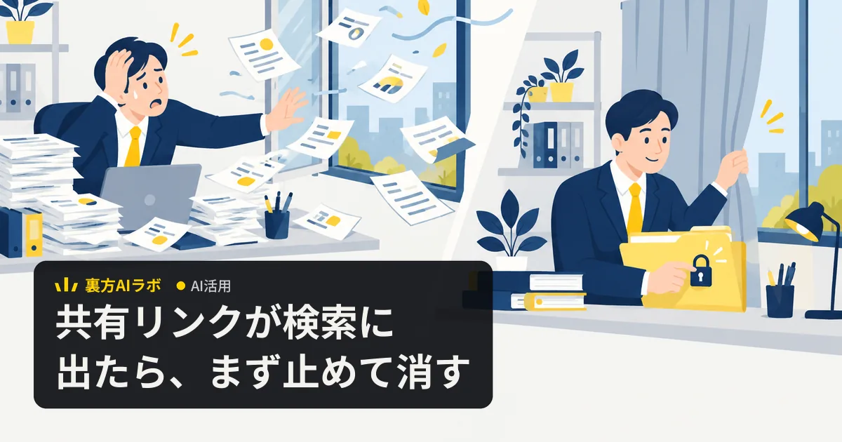 窓の外へ書類が飛んでいく左側と、カーテンを閉めて鍵付きのフォルダに書類をしまう右側を並べた経営者のイラスト