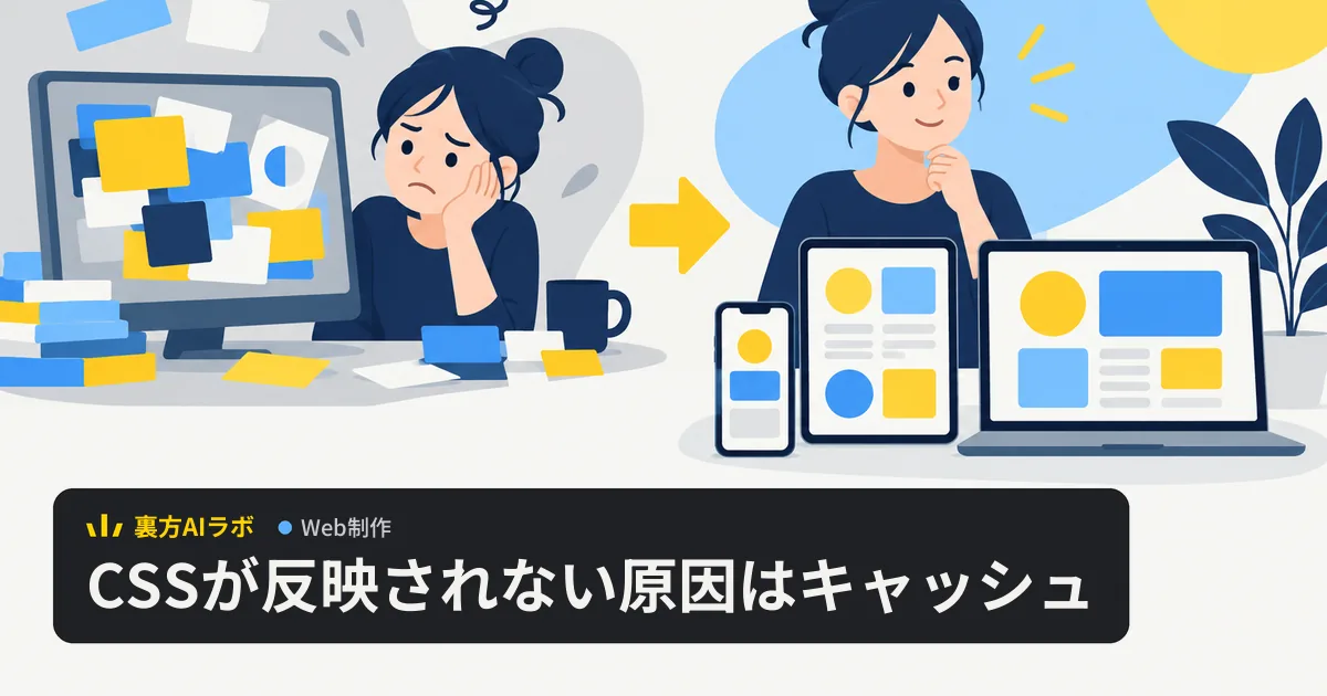 左ではモニターの中で散らばって重なった色の箱に困る担当者、右ではスマホ・タブレット・ノートPCに整然と並んだ箱を落ち着いて確かめる担当者を並べた図
