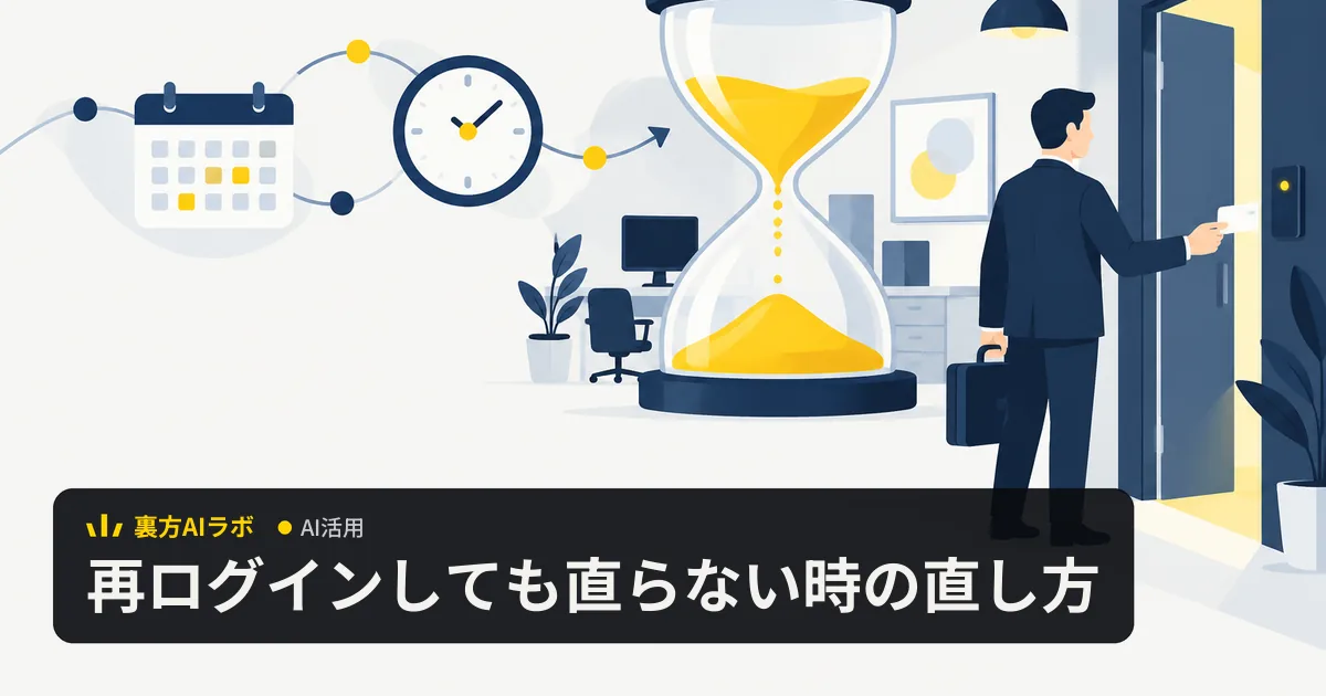 大きな砂時計の横で、会社員が通行証のカードをかざして扉を開け直しているイラスト