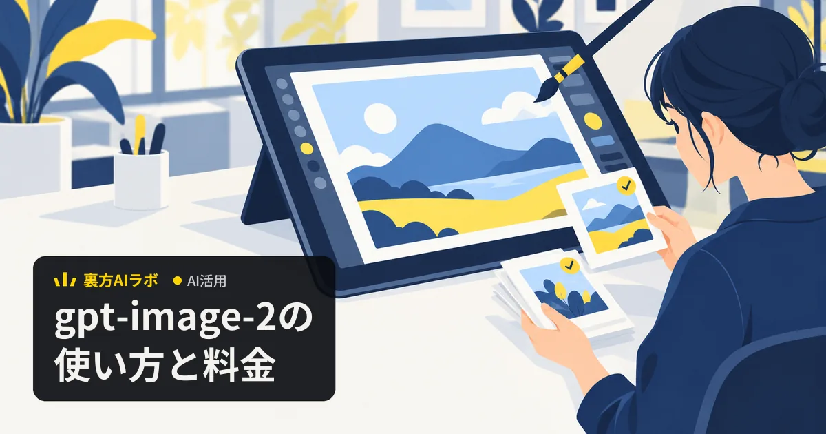 タブレットで描かれる風景画と、チェック済みの画像カードを1枚ずつ確かめるデザイナーのイラスト
