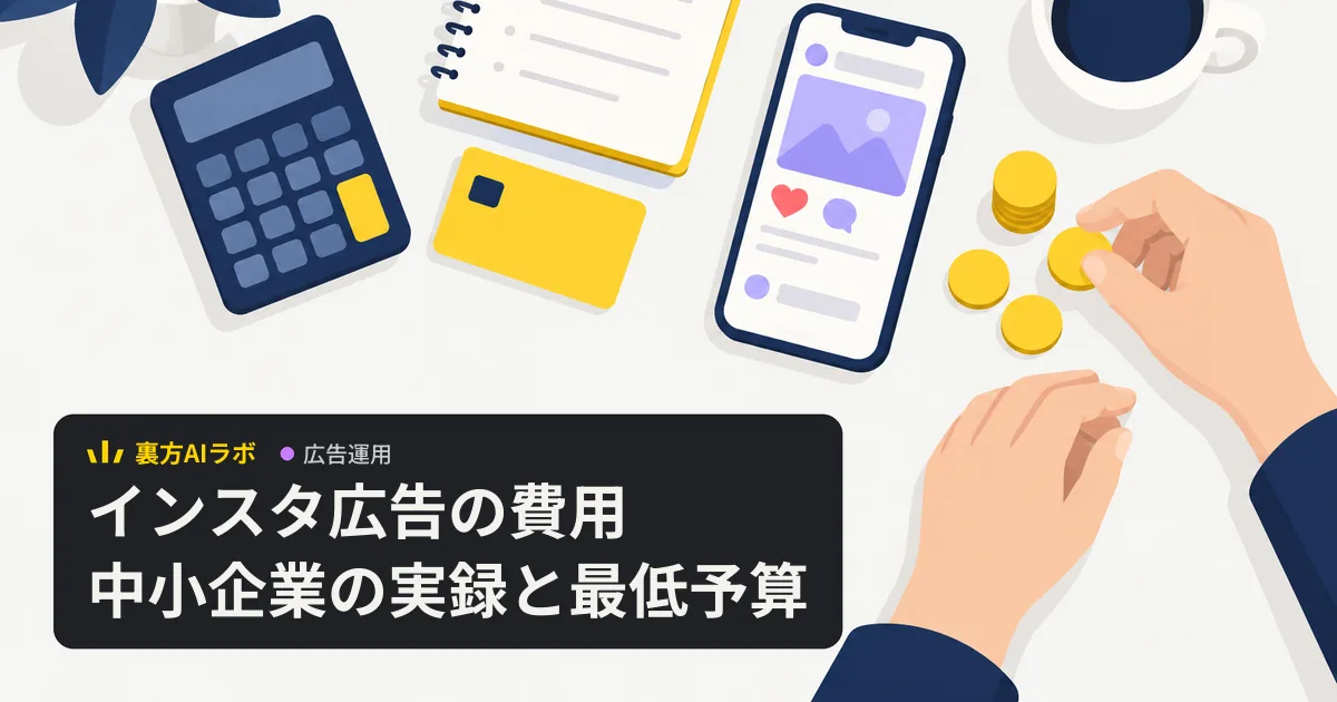 SNS投稿が映るスマートフォンの横に硬貨を並べる手と、電卓・カード・ノートを並べた机のイラスト