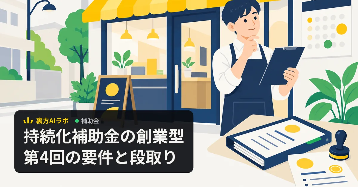 開業したばかりの小さな店の前で、店主が書類を手に壁のカレンダーを見ながら申請の段取りを確かめている絵