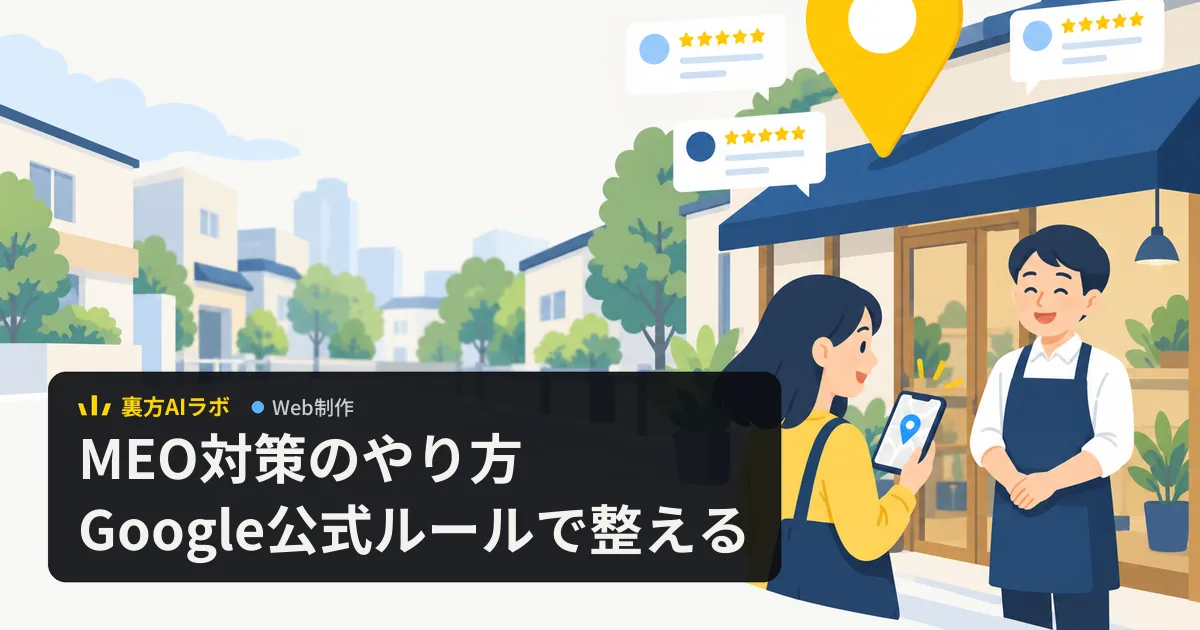 地図のピンと星評価の口コミが浮かぶ小さな店の前で、スマートフォンを見る客と笑顔の店主のイラスト