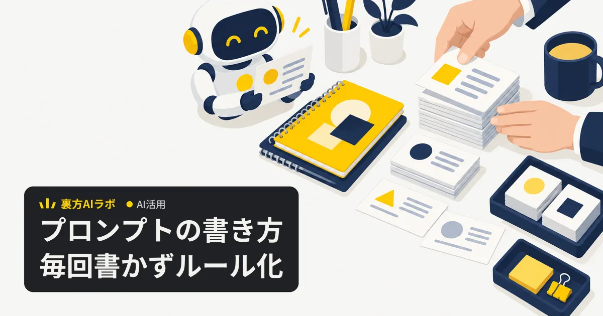 机の上に整理されたルールのカードとノートを、ロボットのAIアシスタントが読み込んでいるイラスト