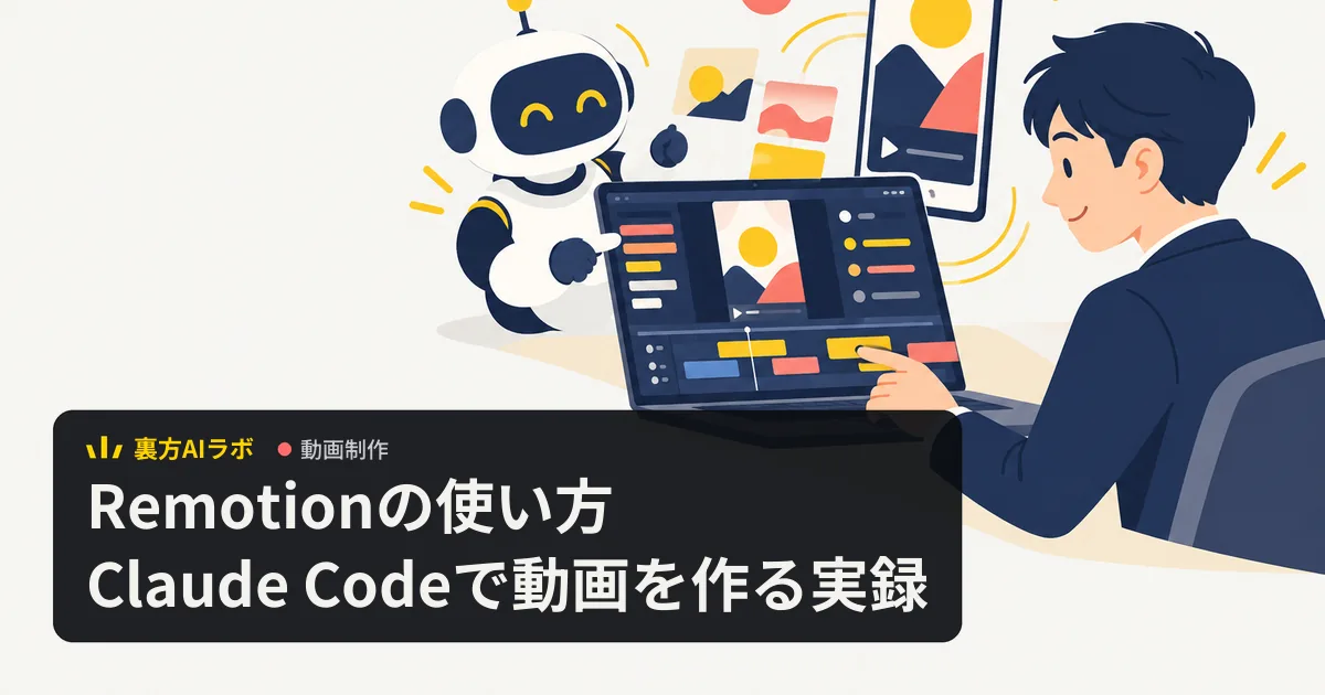 ノートPCの動画編集タイムラインを操作する会社員と、横で動画素材の並べ替えを手伝うロボットのイラスト